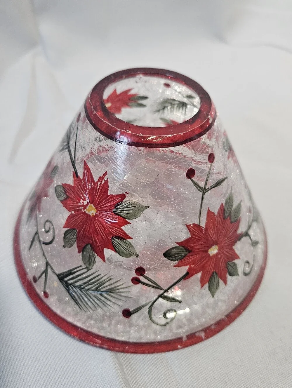 Yankee Candle Seasonal Christmas Poinsettia Crackle Glass Jar Shade Topper Rare